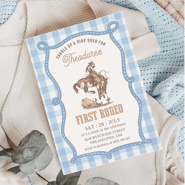 Convite Vintage Blue Gingham First Rodeo (Criador carregado)