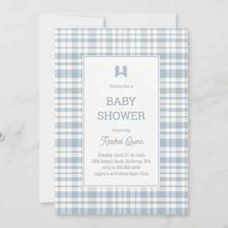 Convite Vintage blue gingham pattern boy baby shower