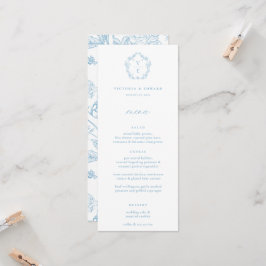 Convite Vintage Blue Monograma Crest Floral Menu