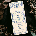 Convite Vintage Blue Mystical Tarot Card Salvar Data<br><div class="desc">Ponha o tom para uma celebração mística. Este casamento inspirado no tarô salve a data com um círculo celeste rodeado por nuvens,  luas e sóis,  com um olhar radiante no topo. Projetado em azul e creme para uma vibração mágica e inesquecível!</div>