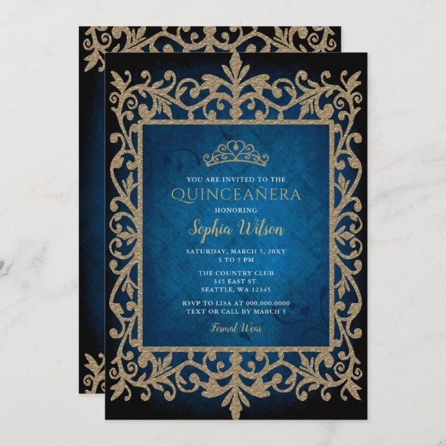 Convite Vintage Blue Princess Tiara Quinceañera (Frente/Verso)