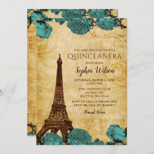 Convite Vintage Blue Rosas Torre Eiffel Quinceañera