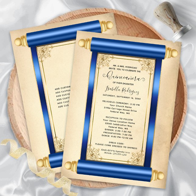 Convite Vintage Blue Scroll Elegante Quinceañera (Vintage Blue Gold Scroll Elegant Quinceañera Invitation)