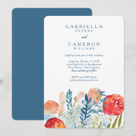 Convite Vintage Blue Watercolor Floral Boho Weding RSVP