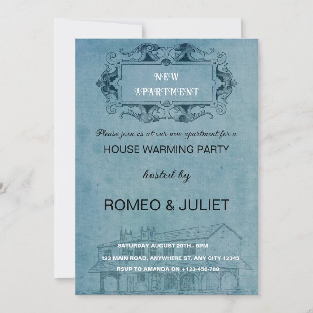 Convite Vintage Blueprint Homewarming Invitation (Frente)
