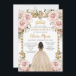 Convite Vintage Blush Champagne Vestido Floral Quinceanera<br><div class="desc">Personalize este bonito champanhe cor-de-rosa floral Quinceañera / doce convite de 16 anos, fácil e rapidamente. Basta clicar no botão personalizar para editar o texto, alterar as fontes e as cores das fontes. Apresentando uma garota vestida com um belo vestido de champanhe, flores cor-de-rosa com pincel chic e um quadro...</div>