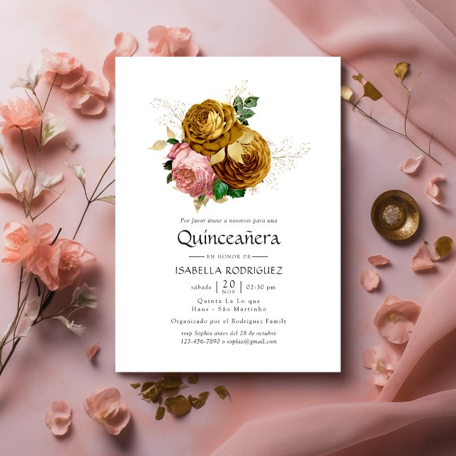Convite Vintage Blush e Dourada Quinceañera (Criador carregado)