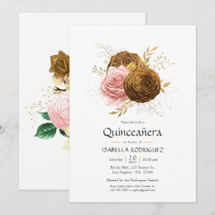 Convite Vintage Blush e Dourado Floral Quinceañera