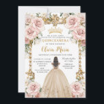 Convite Vintage Blush Pink Champagne Quinceañera Floral<br><div class="desc">Personalize este bonito champanhe cor-de-rosa floral Quinceañera / doce convite de 16 anos, fácil e rapidamente. Basta clicar no botão personalizar para editar o texto, alterar as fontes e as cores das fontes. Apresentando uma garota vestida com um belo vestido de champanhe, flores cor-de-rosa com pincel chic e um quadro...</div>