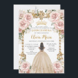 Convite Vintage Blush Pink Champagne Quinceañera Floral<br><div class="desc">Personalize este bonito champanhe cor-de-rosa floral Quinceañera / doce convite de 16 anos, fácil e rapidamente. Basta clicar no botão personalizar para editar o texto, alterar as fontes e as cores das fontes. Apresentando uma garota vestida com um belo vestido de champanhe, flores cor-de-rosa com pincel chic e um quadro...</div>