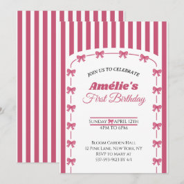Convite Vintage Blush Pink Coquette Bow Girl 1st Birthday 
