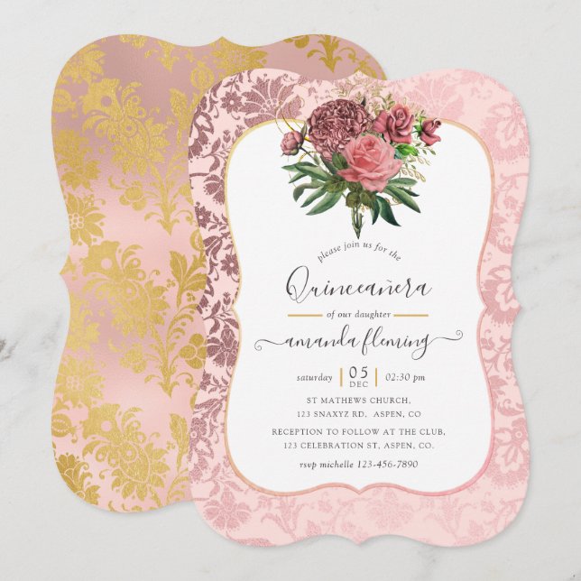 Convite Vintage Blush Pink e Dourada Mascarada Quinceañera (Frente/Verso)