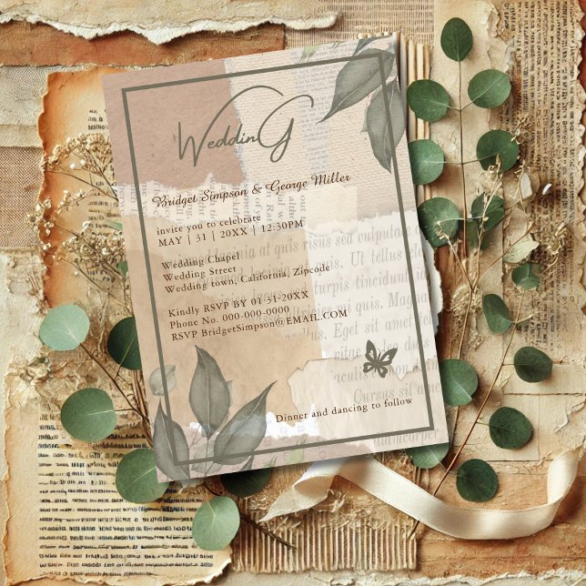 Convite Vintage boho chic greenery monograma de casamento (Criador carregado)