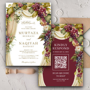 Convite Vintage Boho Graphics Arch Código QR Casamento Muç