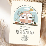 Convite Vintage Boho One Happy Camper First Festa de anive<br><div class="desc">Ilustração de uma campa rosa pincelada,  pincel,  inspirada nos anos 70,  decorada com bruxelas,  flores,  macrame,  cacto,  pampas e plantas cercadas.</div>
