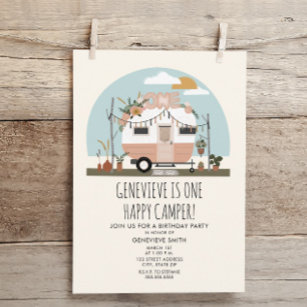 Convite Vintage Boho One Happy Camper primeiro aniversario