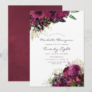 Convite Vintage Borgonha e Dourado Floral Qualquer Anivers