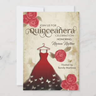 Convite Vintage borterfly rosas vermelhas Quince Inv