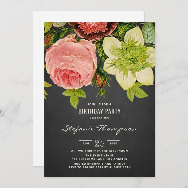 Convite Vintage Botanal Chalkboard Birthday (Frente/Verso)
