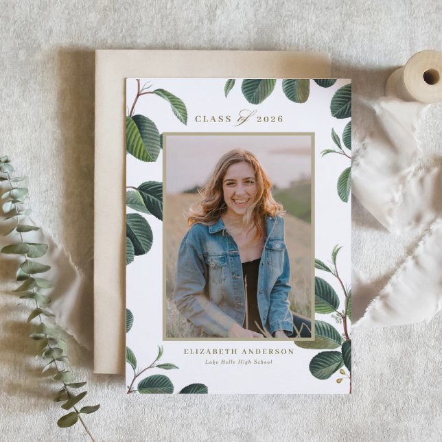 Convite Vintage Botanical Leaves White Photo Graduação (Customizable photo graduation invitation featuring botanical greenery.)