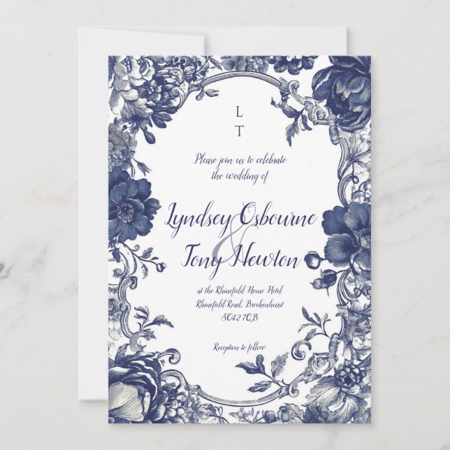 Convite Vintage Botanical Wedding Invitation in Blue (Frente)