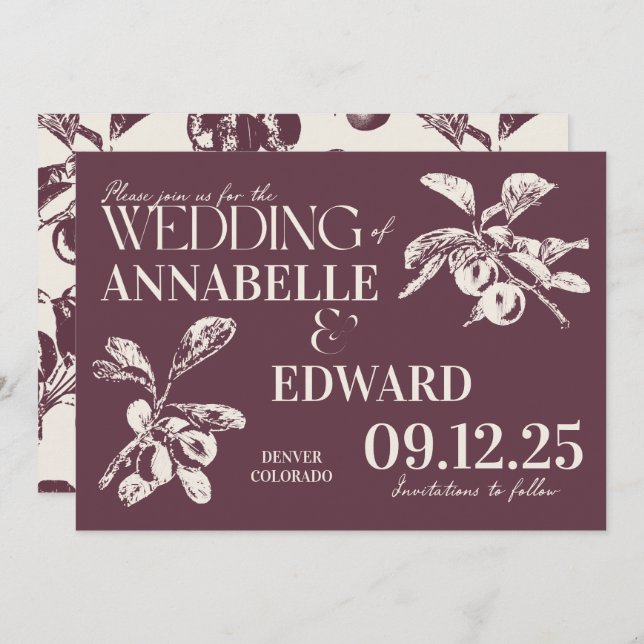 Convite Vintage Botanical Wedding Plum Burgundy (Frente/Verso)