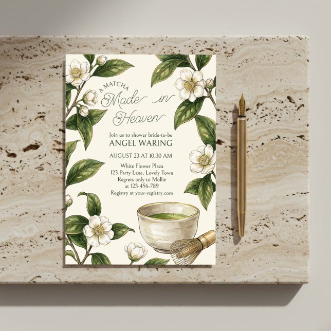 Convite Vintage Botânico Matcha Feito no Céu Chuveiro (Matcha made in Heaven white floral and greenery bridal shower invitation)