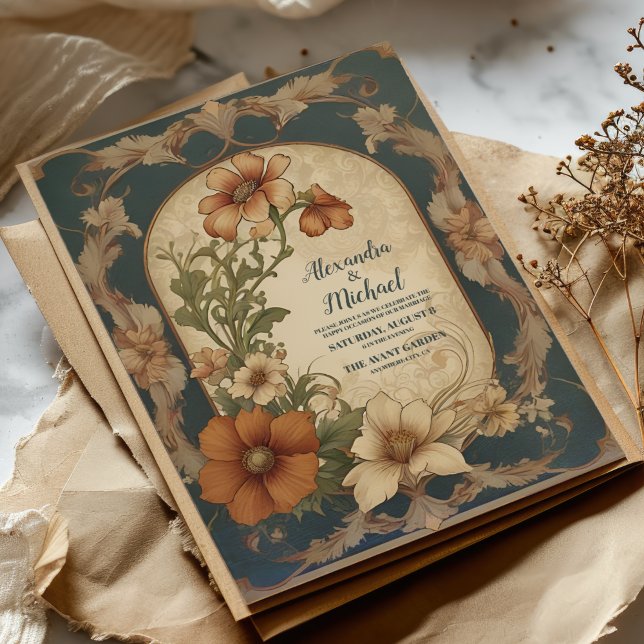 Convite Vintage Bougainvillea Art Nouveau Wedding (Criador carregado)