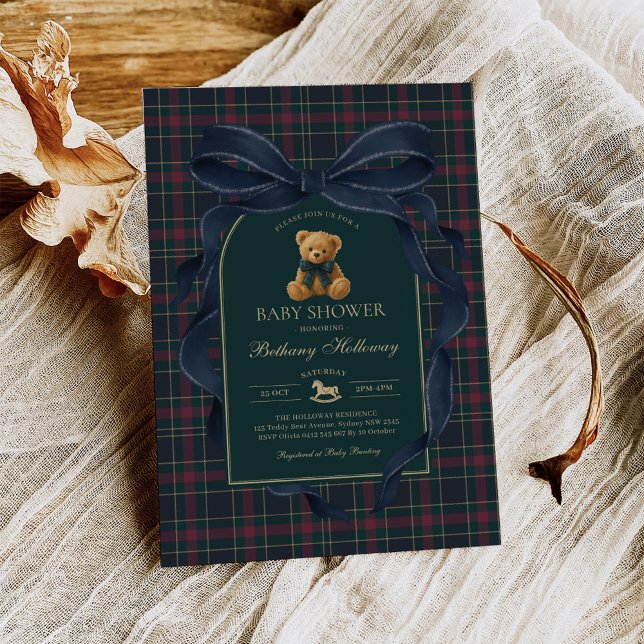 Convite Vintage Bow Teddy Bear Navy Plaid Baby Shower (Criador carregado)