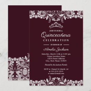 Convite Vintage Branco Renda Burgundy Quinceanera
