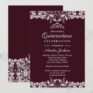 Convite Vintage Branco Renda Burgundy Quinceanera