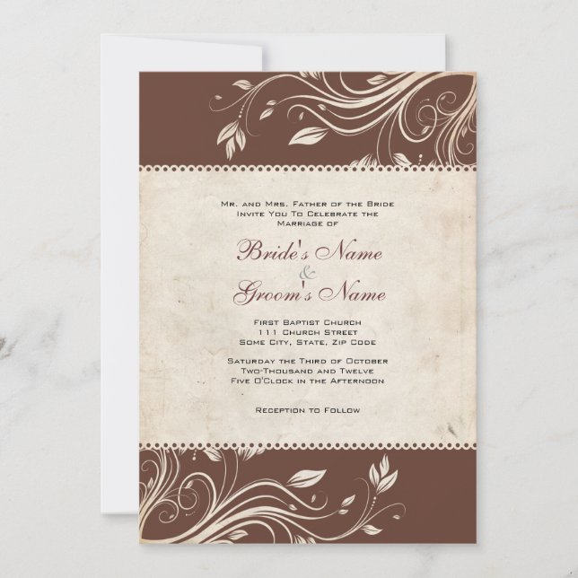 Convite Vintage Brown e White Floral Casamento (Frente)