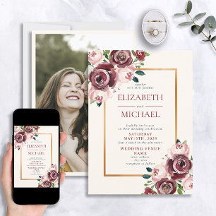 Convite Vintage Burgundy Blush Foto Dourada Floral Casamen
