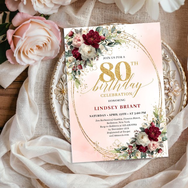 Convite Vintage Burgundy Bohemian Floral 80th Birthday  (Vintage Burgundy Bohemian Floral 80th Birthday Invite)