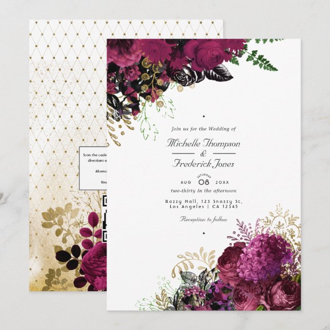 Convite Vintage Burgundy - Casamento com o Código QR de Ma (Frente/Verso)