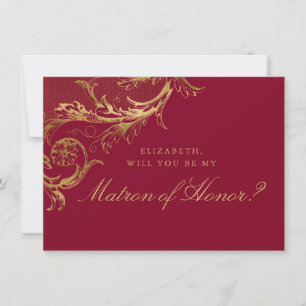 Convite Vintage Burgundy Dourada Damask Matron of Honor