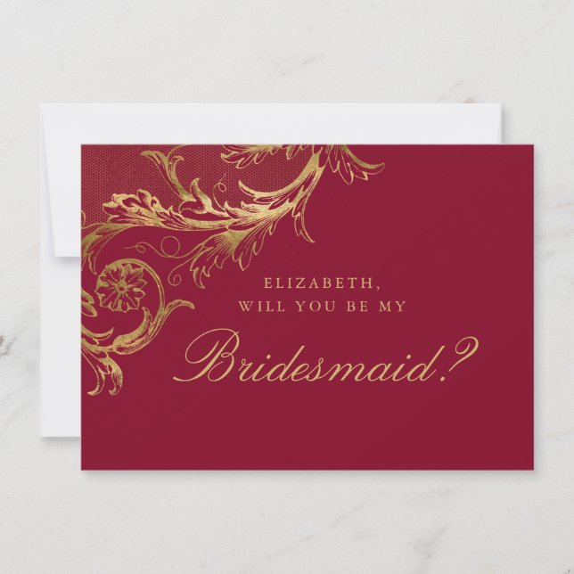 Convite Vintage Burgundy Dourada Damask Script Bridesmaid (Frente)