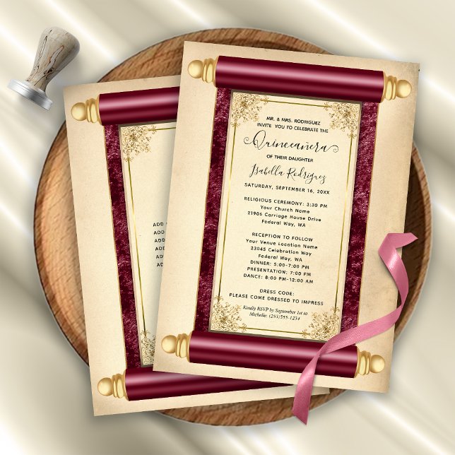 Convite Vintage Burgundy Dourada Scroll Elegante Quinceañe (Vintage Burgundy Gold Scroll Elegant Quinceañera Invitation)