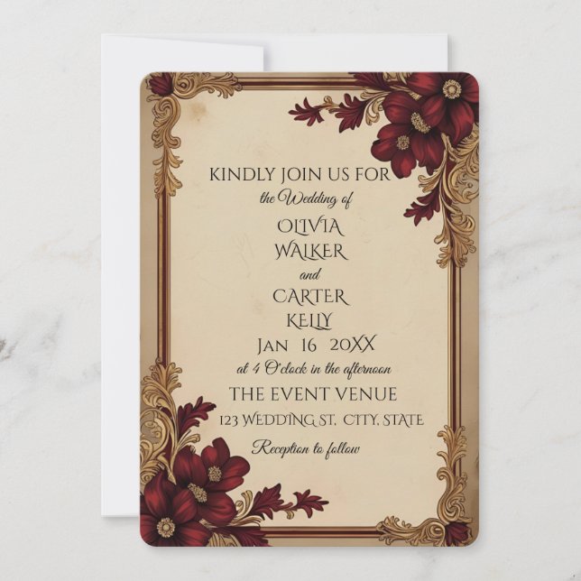 Convite Vintage Burgundy Floral Wedding (Frente)