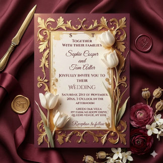 Convite Vintage Burgundy Gold Baroque Floral Ivory Wedding