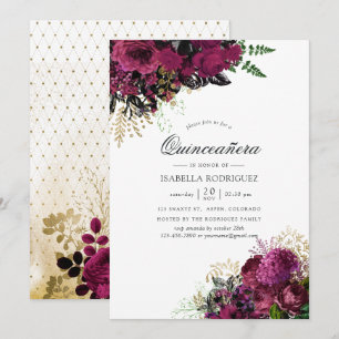 Convite Vintage Burgundy - Marsala e Dourado Quinceañera