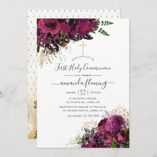 Convite Vintage Burgundy - Marsala e Santa Comunhão Dourad