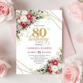 Convite Vintage Burgundy Red Gold 80th Birthday Invite