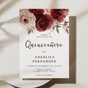 Convite Vintage Burgundy Rosa Quinceanera 15 Aniversário