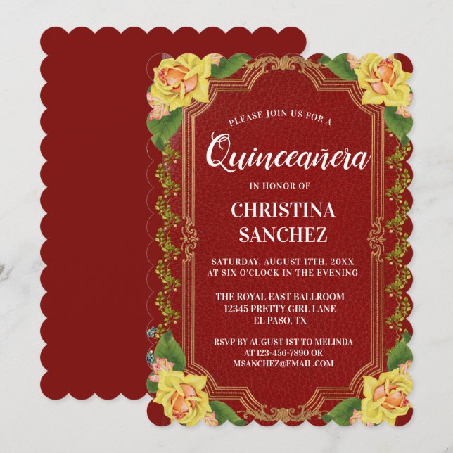 Convite Vintage Burgundy Yellow Rose Quinceanera Aniversár (Frente/Verso)