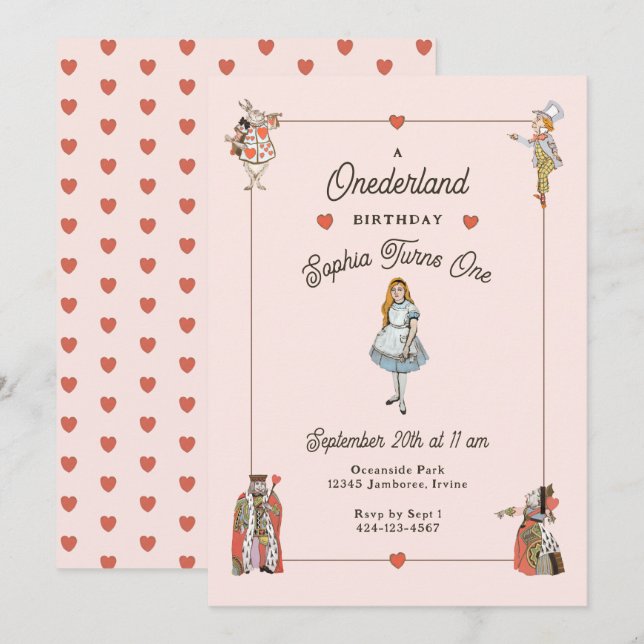 Convite Vintage caracteriza Alice no Aniversário de Oneder (Frente/Verso)