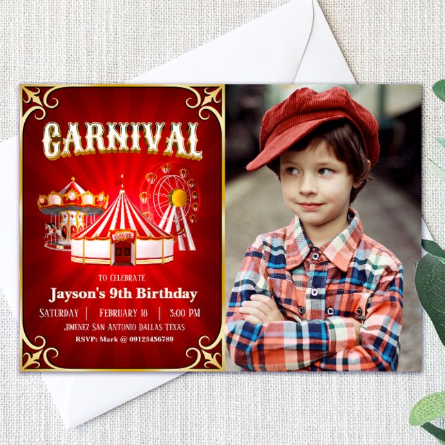 Convite Vintage Carnival Birthday com Paisagem Fotográfica (Vintage Carnival Birthday with Photo Landscape Invitation)