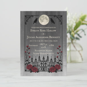 Convite Vintage Casamento de Halloween Gótico Morcegos Lua