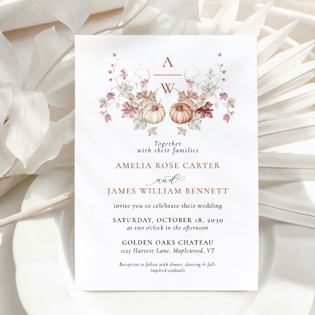 Convite Vintage: Casamento de Vinhas de Abóbora Minimalist (Vintage Minimalist Fall Pumpkin Vines Wedding Invitation)