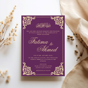 Convite Vintage Casamento Islâmico Roxo-Muçulmano
